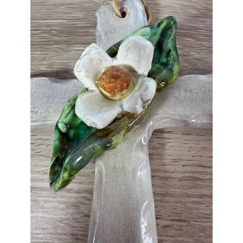 Ceramic Wall Cross, White Flower & Green Leaf, Ballyhoo Hanging Wall Art